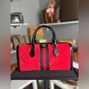 SOLD Authentic Gucci Red Suede Medium Ophidia Boston Bag with box